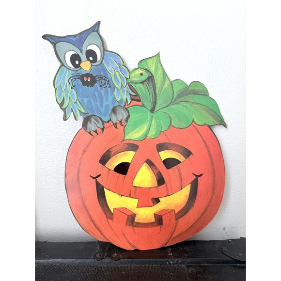 Vintage 1980s Halloween Paper Die-Cut Wall Decor Lot of 2 Owl Bird with Pumpkin - Picture 3 of 8